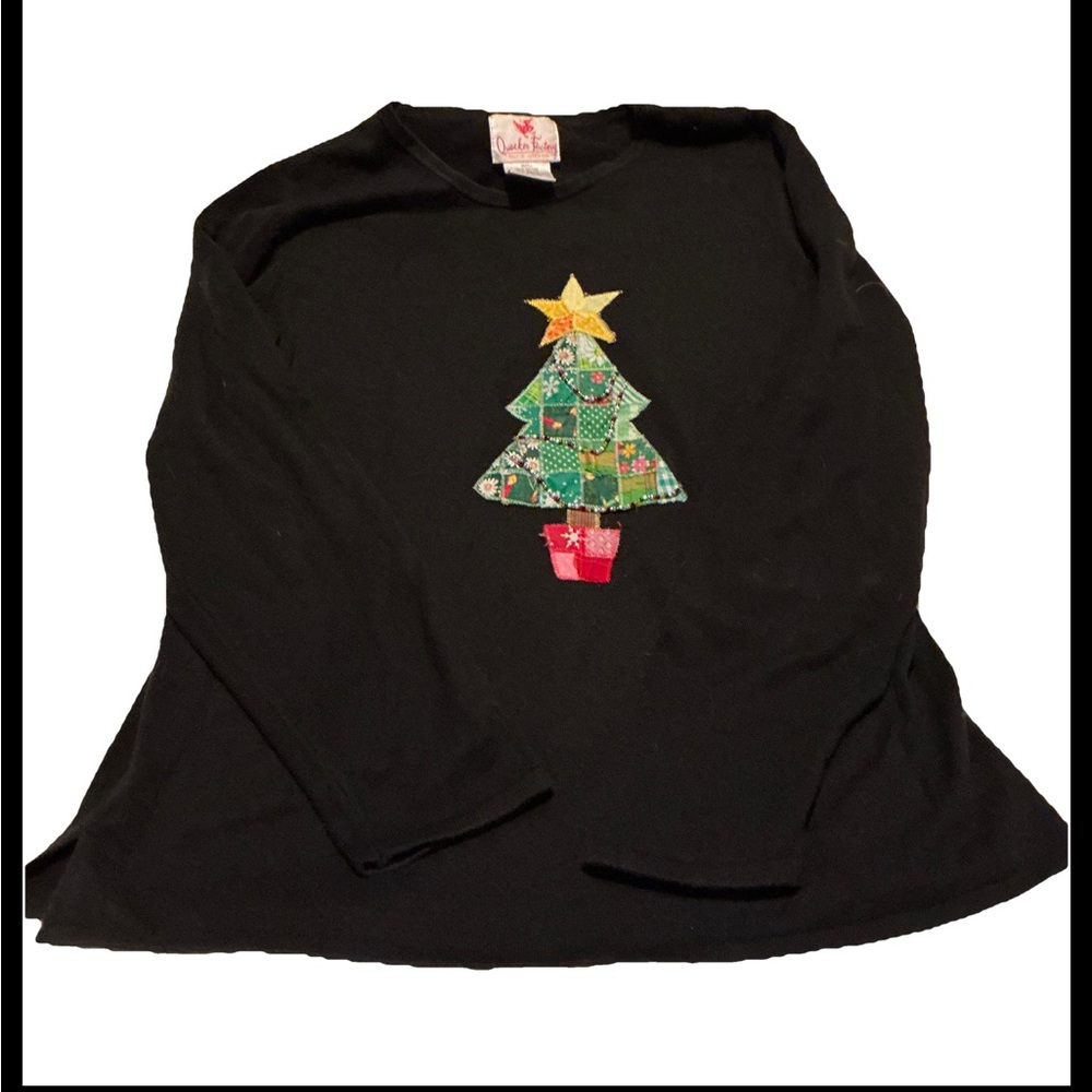 Quacker Factory Women’s Patchwork Beaded Christmas Tree Long Sleeve Shirt Sz Sm